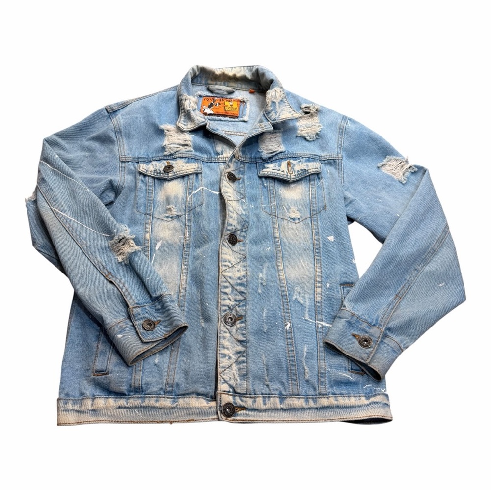 Rolling Paper Size L Denim Jean Jacket Distressed Paint Splatter Bleached Ripped